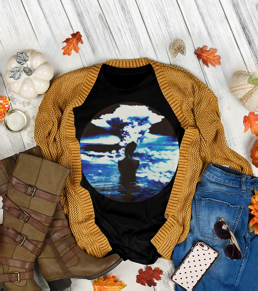 Hiroshima Surreal Silhouette Against Atomic Cloud in Blue Tones T-Shirt