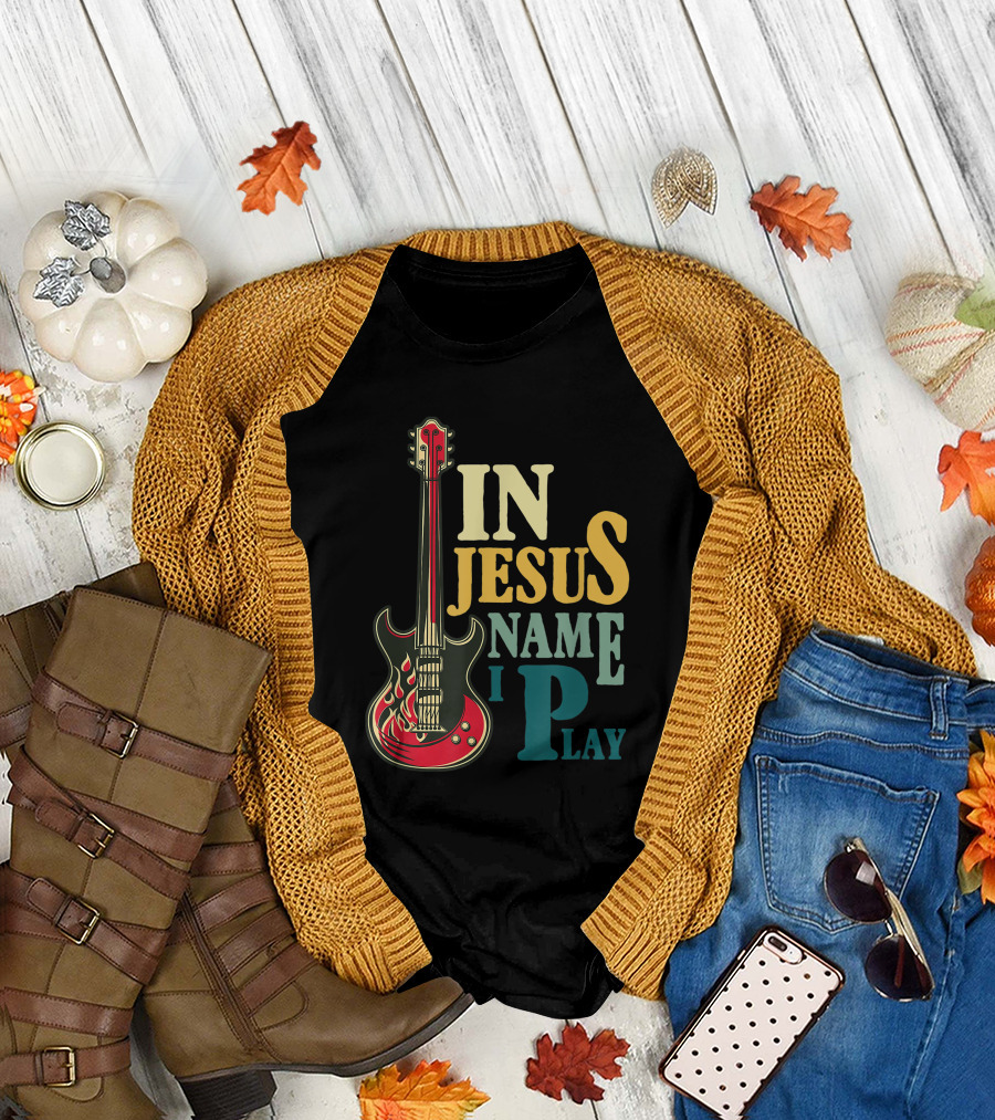 In Jesus Name I Play Guitar Red Electric Flames T-Shirt