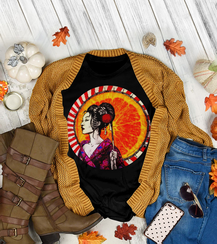 Japanese Girl with Kimono and Umbrella Against Orange Sunburst Circle T-Shirt