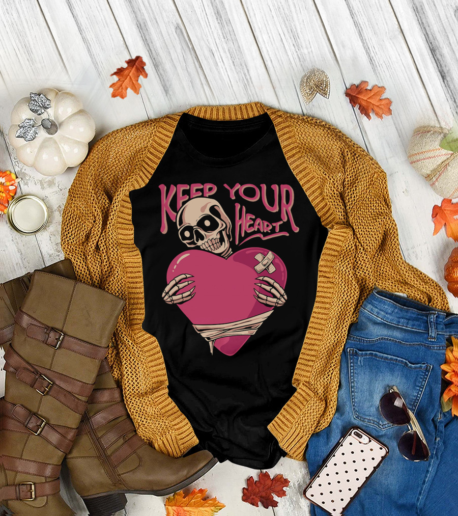 Keep Your Heart Skeleton Holding Pink Heart with Bandages T-Shirt