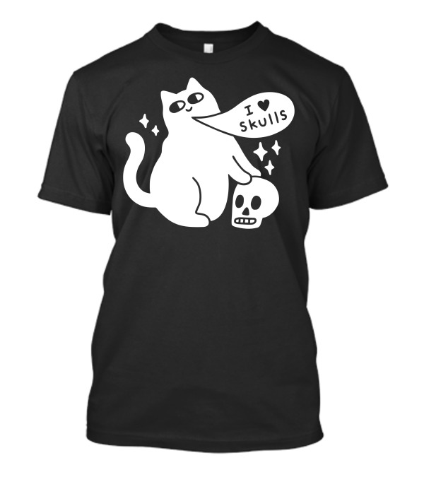 I Love Skulls Cat With Speech Bubble And Stars T-Shirt