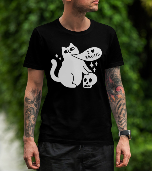 I Love Skulls Cat With Speech Bubble And Stars T-Shirt