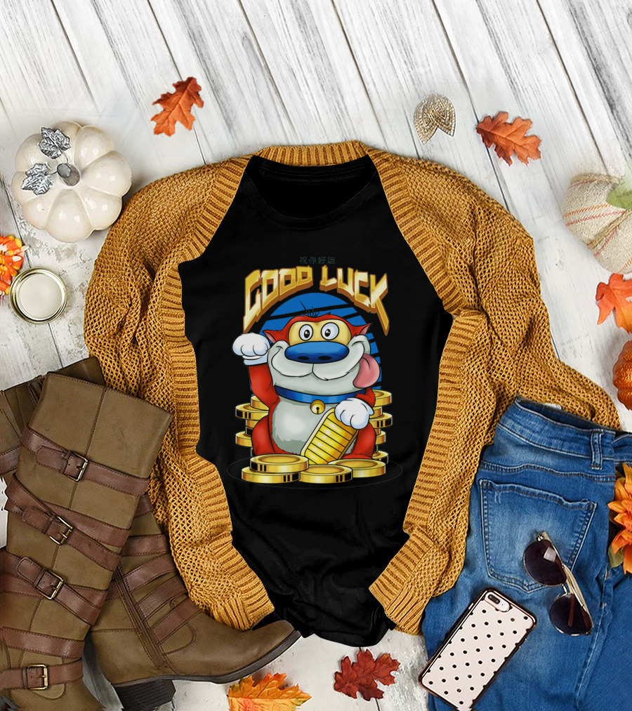 Good Luck Maneki Neko Stimpy Coin Stack T-Shirt