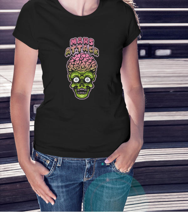 Mars Attack Alien Brain Green Skull T-Shirt