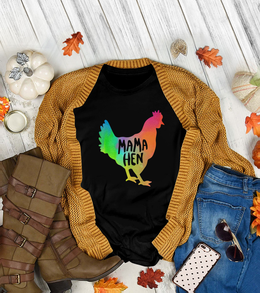 MAMA HEN Mens Rainbow Rooster T-Shirt