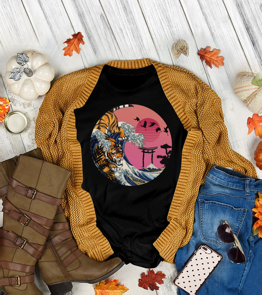 Rad Tiger Wave Sunset with Torii Gate and Birds T-Shirt