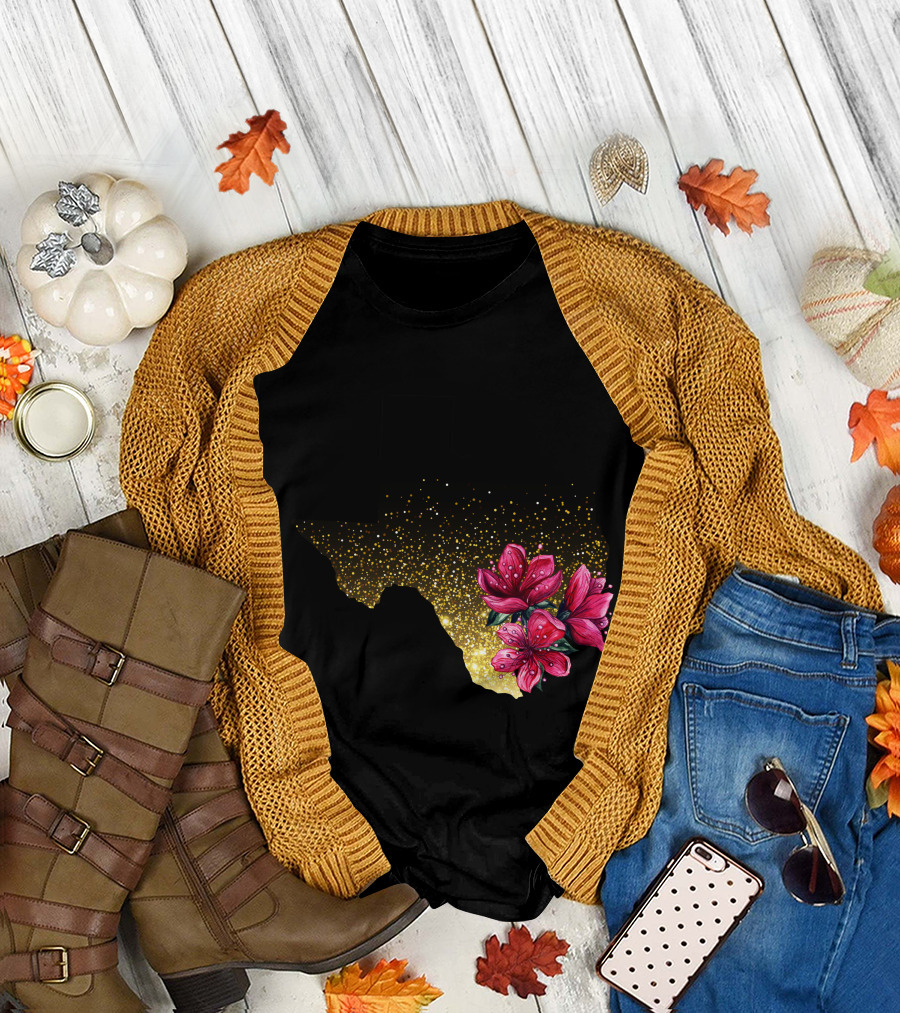 Texas Map with Floral Blooms and Gold Sparkle Embellishment T-Shirt