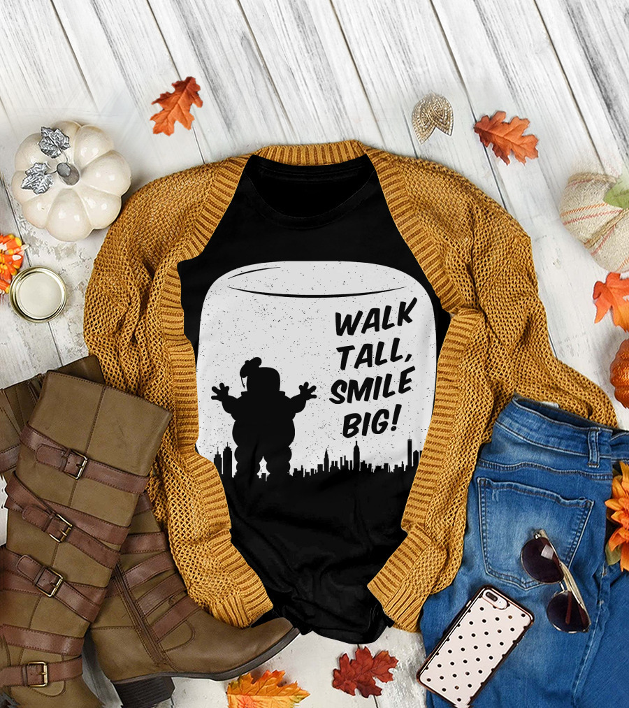 Walk Tall Smile Big Stay Puft Marshmallow Man with City Skyline T-Shirt