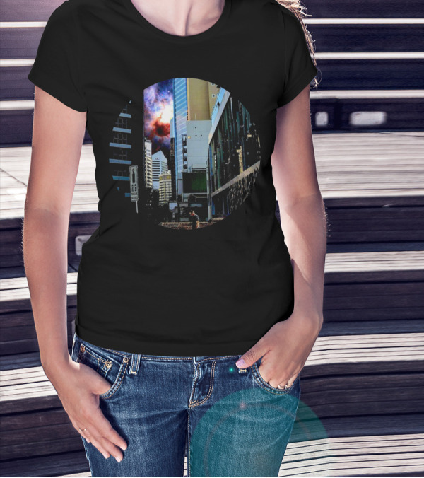 Walking In The City Street With Space Explosion In Urban Skyscraper Background T-Shirt