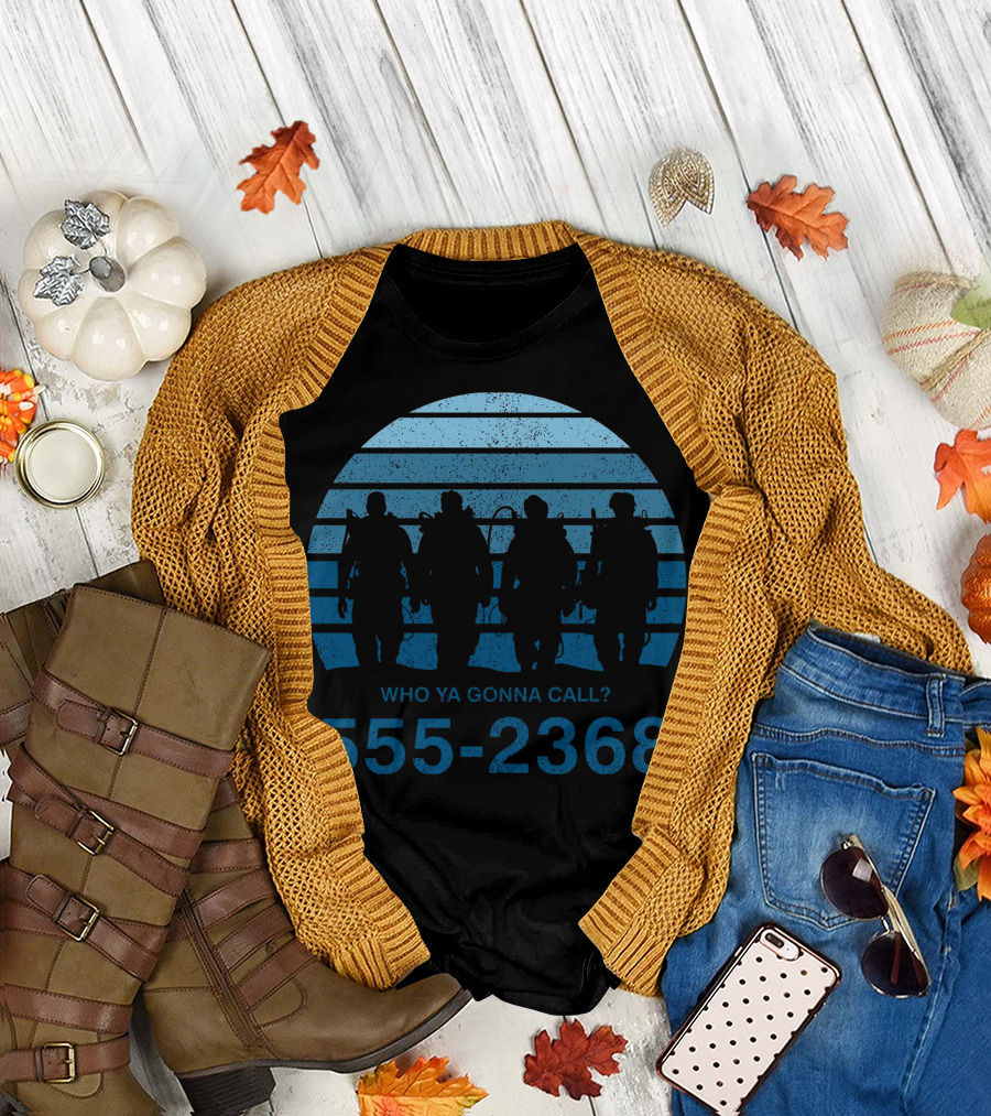 Who Ya Gonna Call 555-2368 Silhouettes Against Striped Blue Sunset T-Shirt