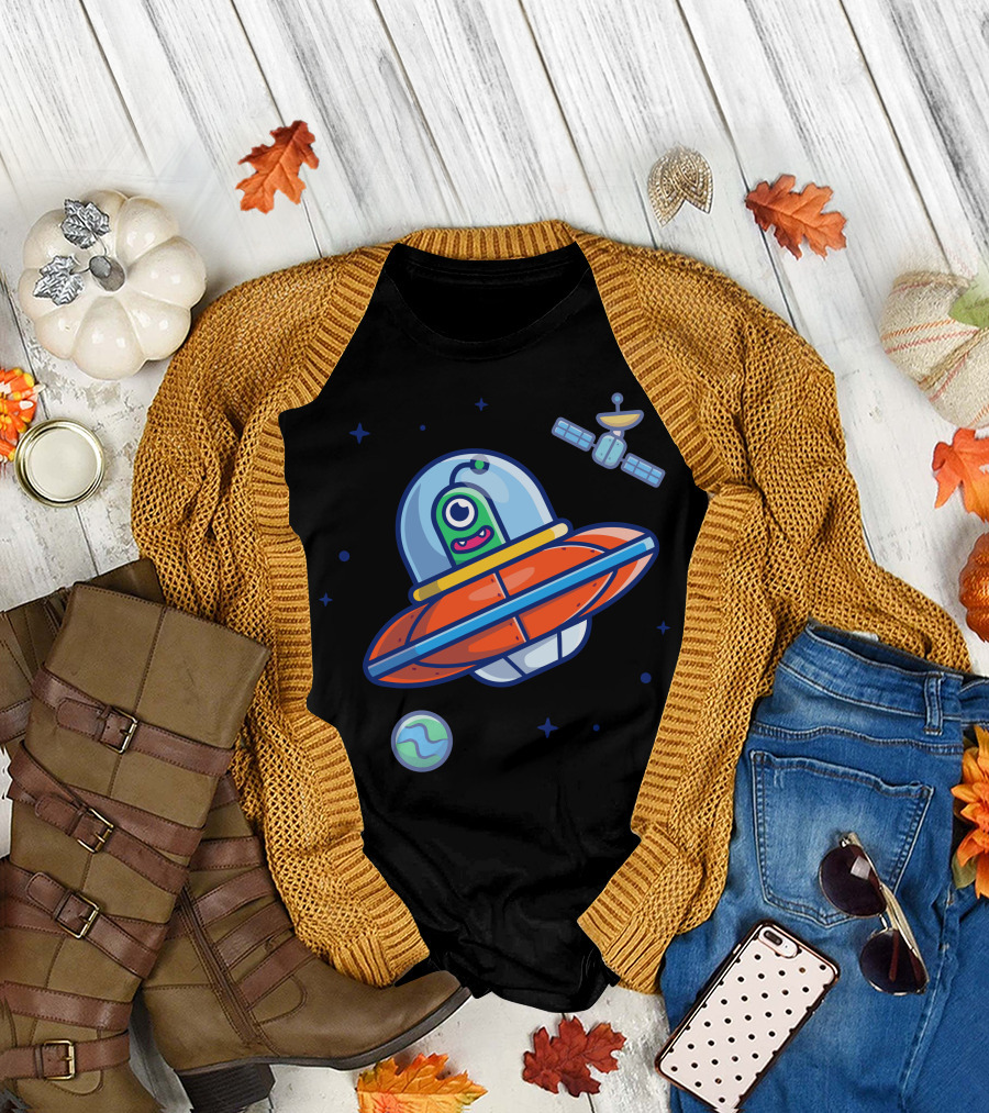 Alien Spaceship in Outer Space with Planet and Satellite T-Shirt