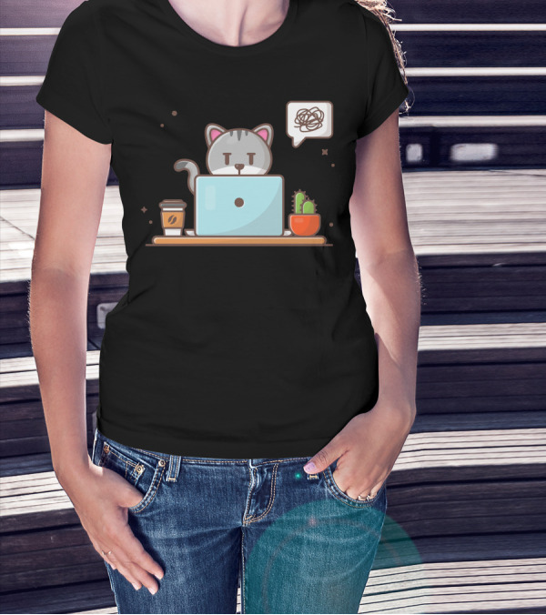 Angry Cat Frustrated Laptop Work Coffee Cactus T-Shirt