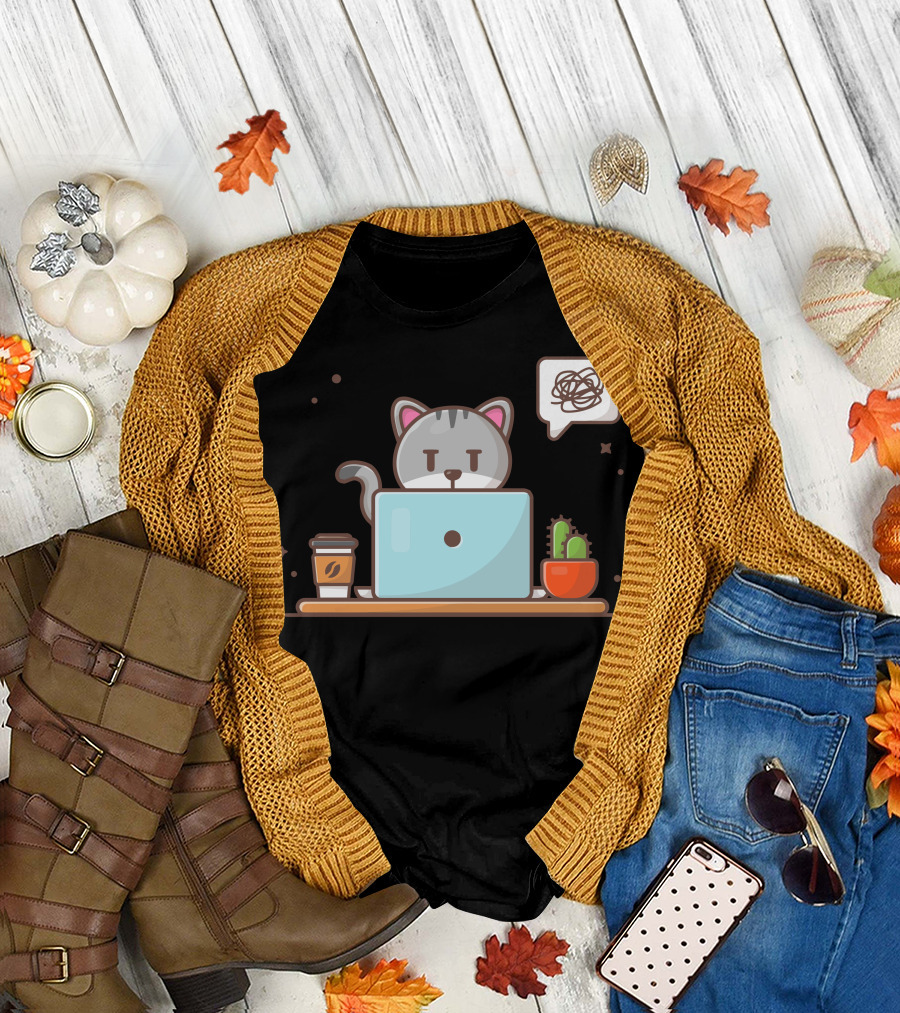 Angry Cat Frustrated Laptop Work Coffee Cactus T-Shirt