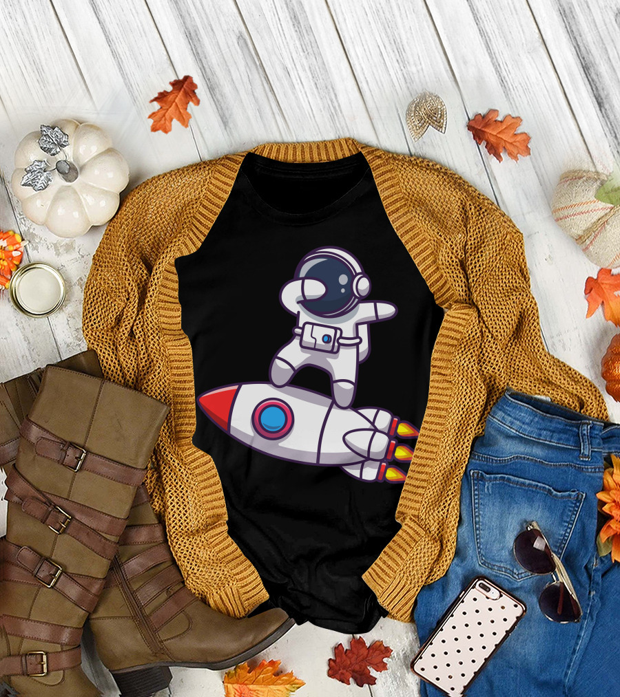 Astronaut Dabbing on Rocket Cartoon Style Space Adventure T-Shirt