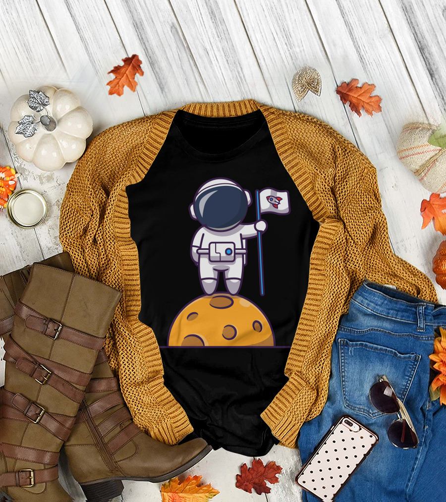 Astronaut Holding Rocket Flag on Moon Surface T-Shirt