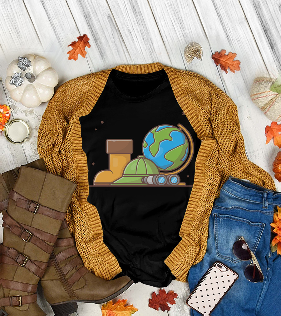 Boot, Hat, Binoculars, and Globe Adventure Elements T-Shirt