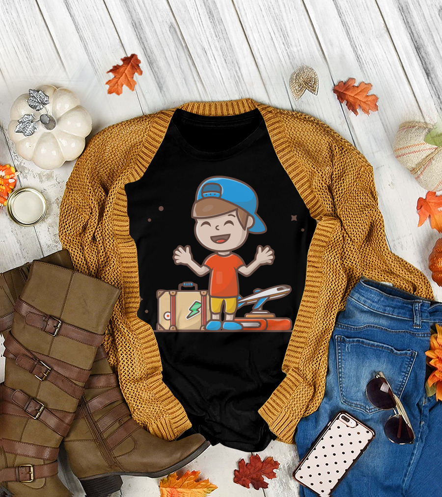 Boy with Backpack and Airplane Adventure T-Shirt