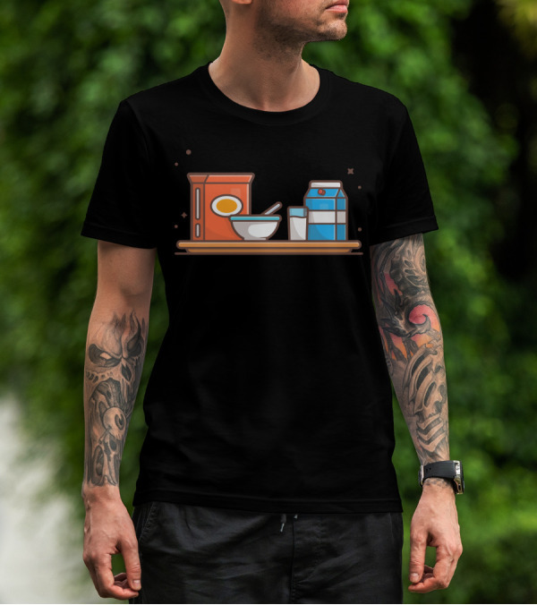 Breakfast Time With Cereal Bowl And Vanilla Milk On Wooden Tray T-Shirt