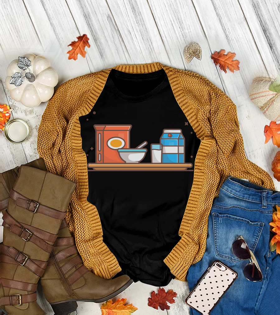 Breakfast Time with Cereal Bowl and Vanilla Milk on Wooden Tray T-Shirt