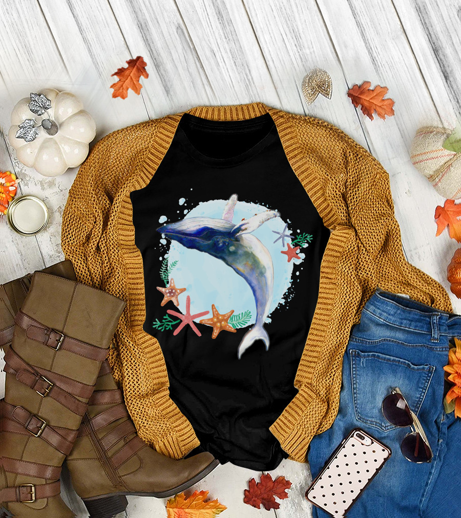 Dolphin Watercolor Humpback Whale Ocean Starfish Marine T-Shirt