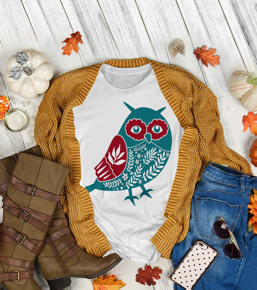 Owl Floral Nature Folk T-Shirt