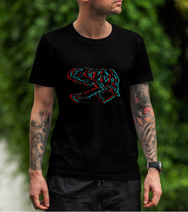 3D Rex Dinosaur Skull Anaglyph Effect T-Shirt