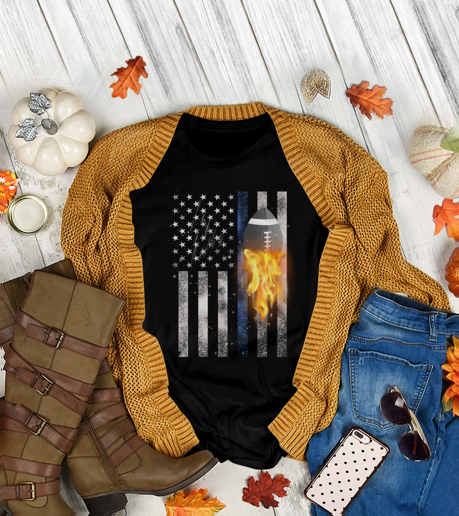 American Football Blue Line Flag with Football Flame T-Shirt