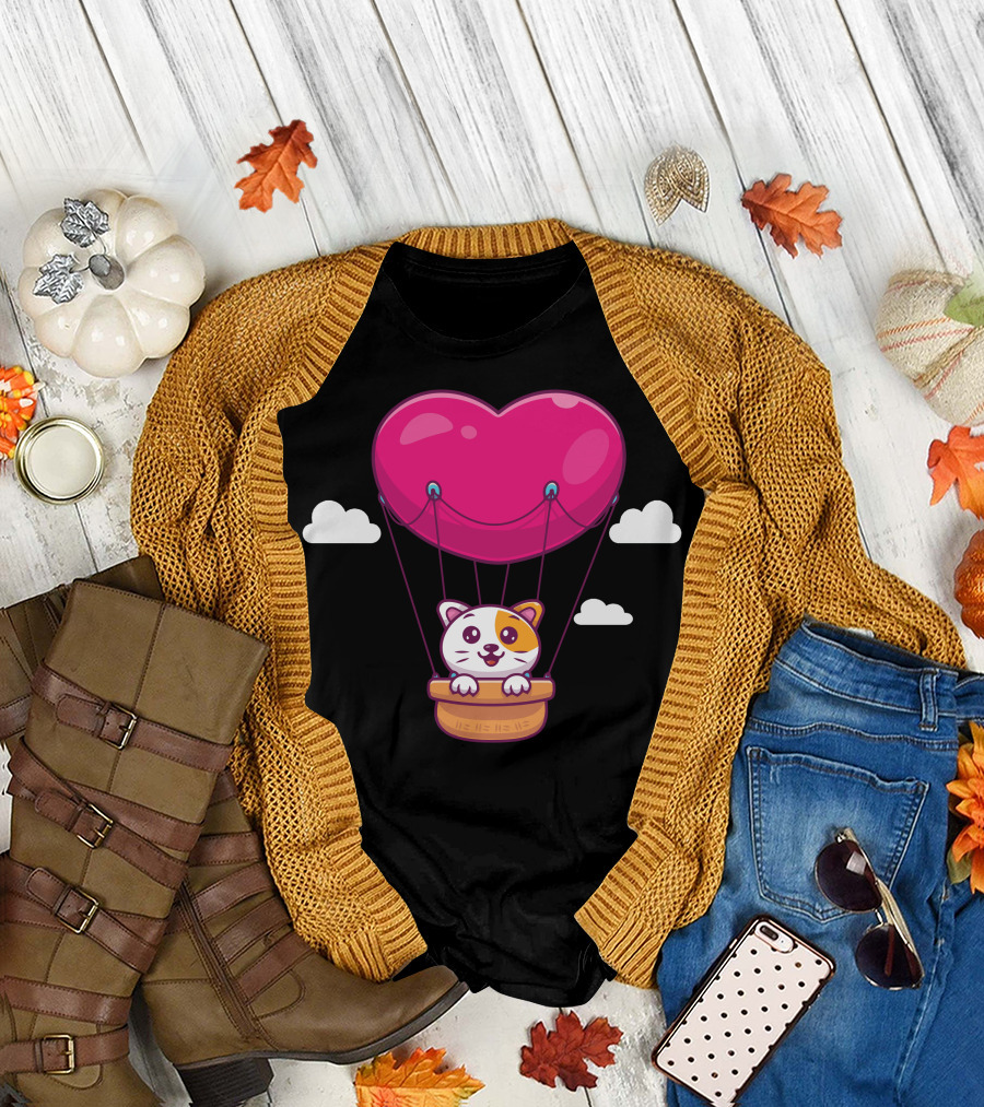 Cat in Heart Balloon with Clouds T-Shirt