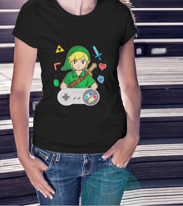 Link Console Adventure With Triforce Sword Heart Shield And Retro Controller T-Shirt