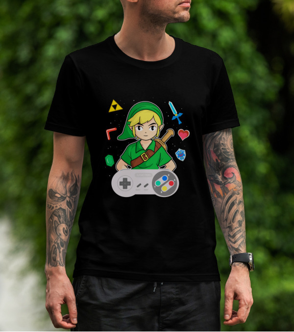 Link Console Adventure With Triforce Sword Heart Shield And Retro Controller T-Shirt