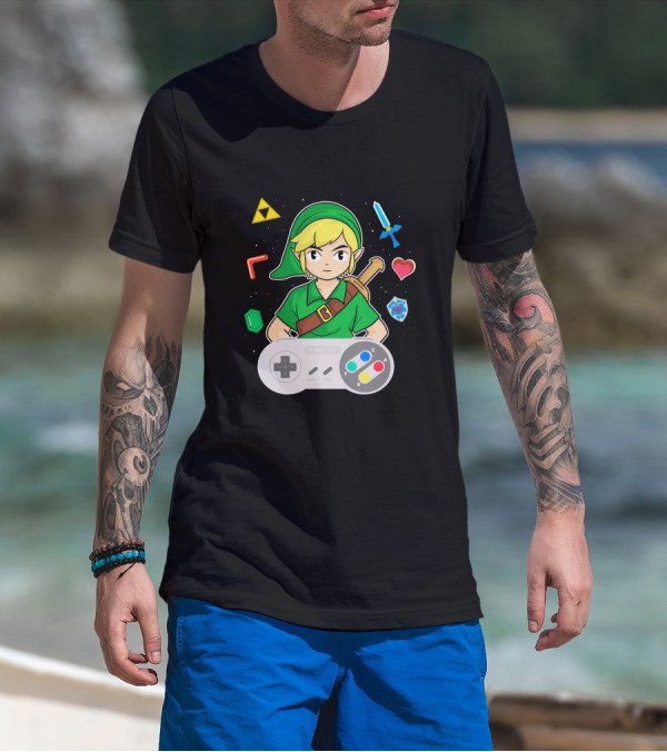 Link Console Adventure With Triforce Sword Heart Shield And Retro Controller T-Shirt
