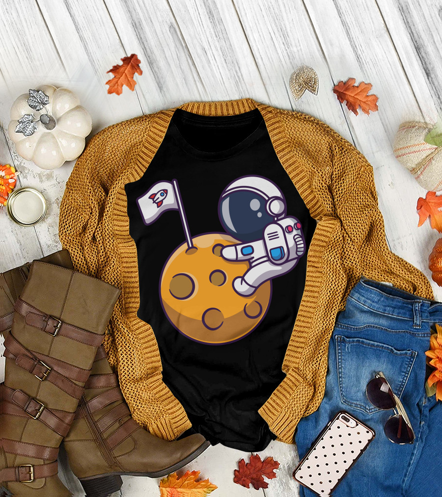 Cute Astronaut with Rocket Flag on Moon T-Shirt