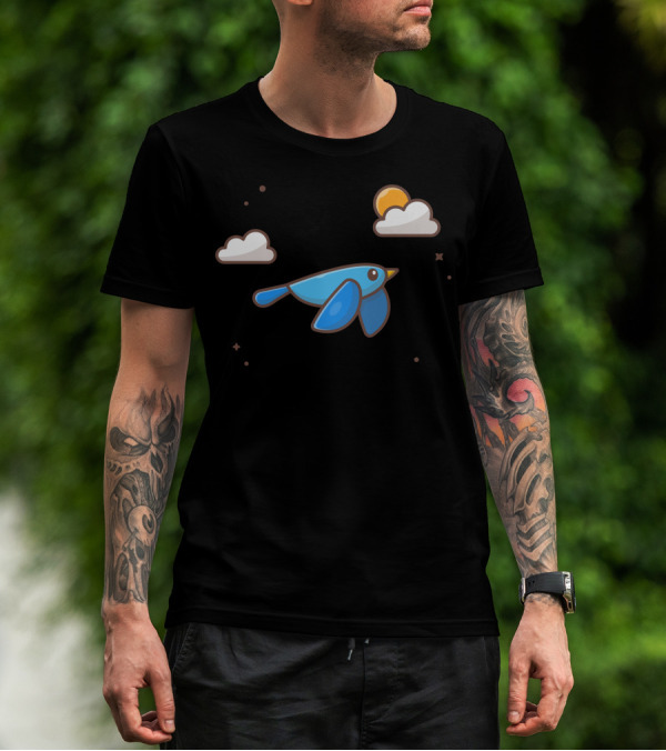 Cute Blue Bird Soaring Amidst Fluffy Clouds And Bright Sun T-Shirt