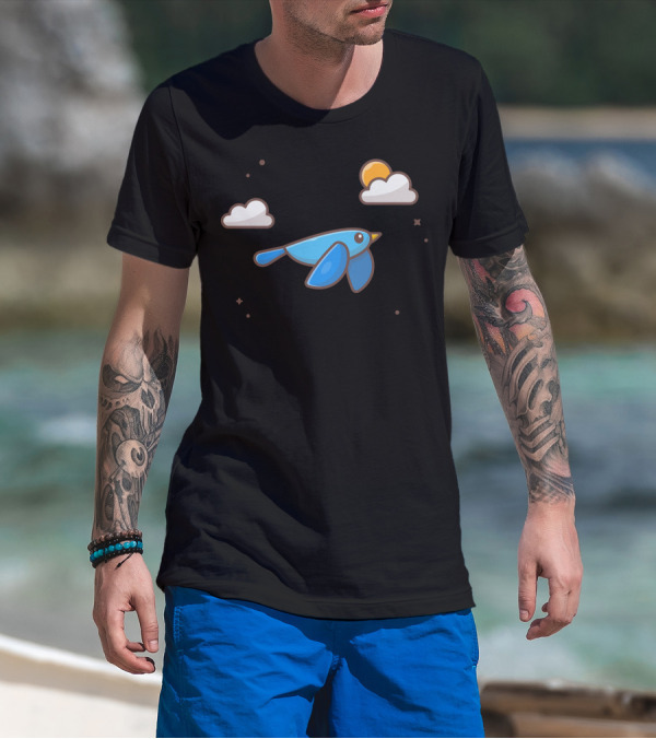 Cute Blue Bird Soaring Amidst Fluffy Clouds And Bright Sun T-Shirt