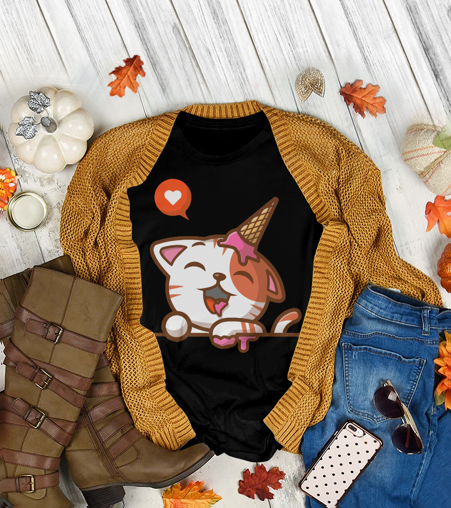 Cute Cat With Ice Cream Cone and Heart T-Shirt