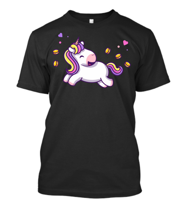 Joyful Unicorn Surrounded By Sparkling Coins And Hearts T-Shirt