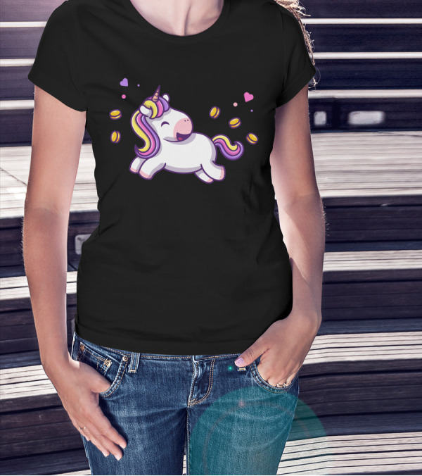 Joyful Unicorn Surrounded By Sparkling Coins And Hearts T-Shirt