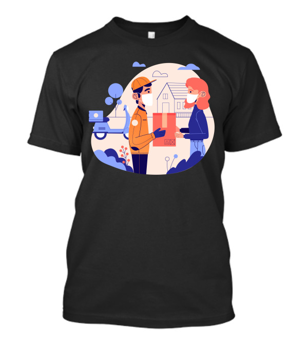 Delivery Service With Masks In Contactless Exchange Scene T-Shirt