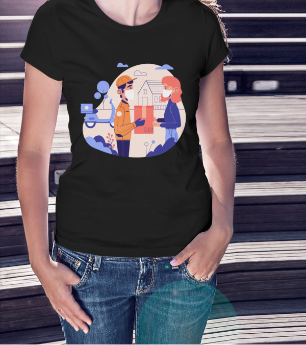 Delivery Service With Masks In Contactless Exchange Scene T-Shirt
