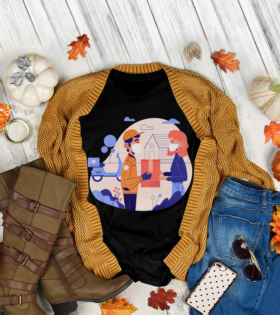 Delivery Service with Masks in Contactless Exchange Scene T-Shirt