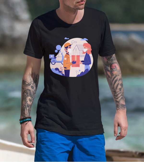 Delivery Service With Masks In Contactless Exchange Scene T-Shirt