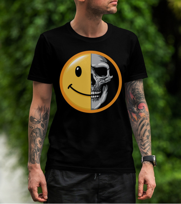 Emoticon Smile Half Skull Face T-Shirt