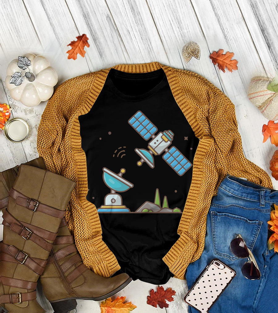 Flying Satellite With Communication Antenna and Space Elements T-Shirt