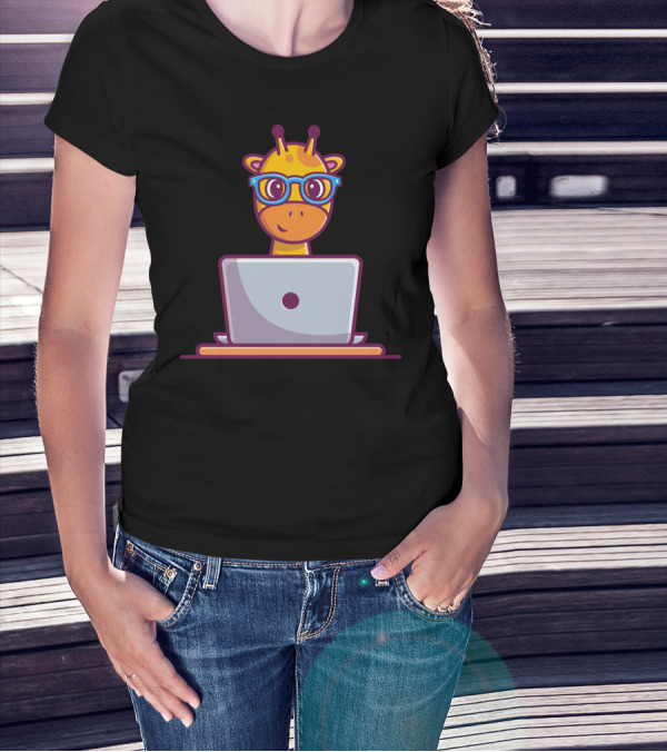 Giraffe Wearing Glasses Using Laptop T-Shirt