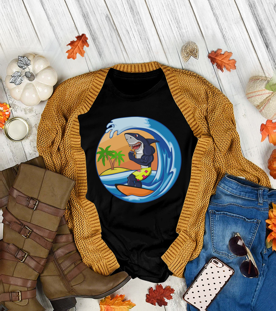 Hiu Surfing Shark Riding Wave Tropical Palm Island T-Shirt