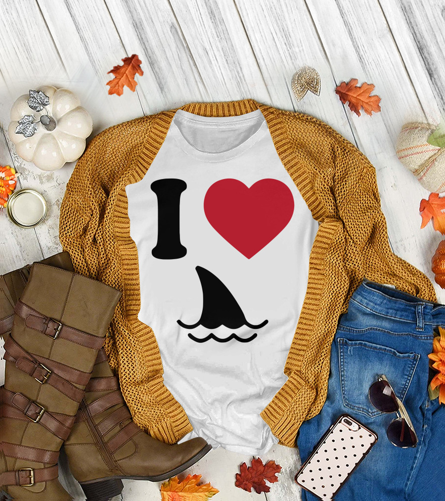 I Love Sharks Fin and Heart Oceans Wave T-Shirt