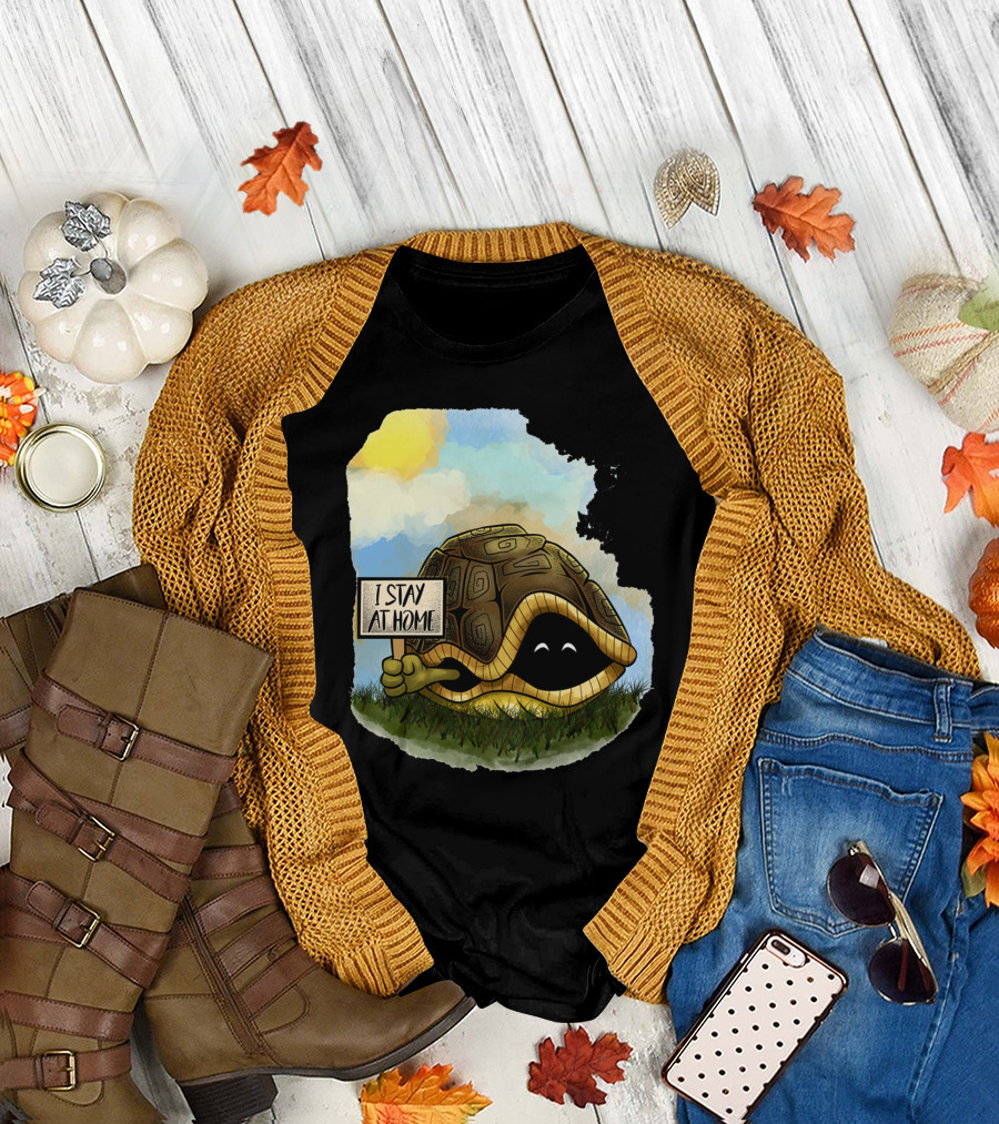 Turtle with Sign Saying I Stay At Home Under Bright Sky T-Shirt