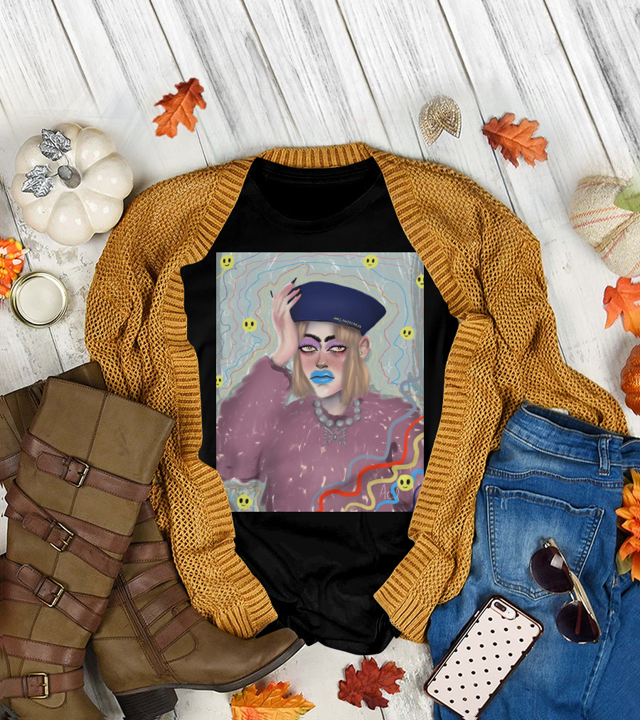MrsHappiness Blue Hat Pink Sweater Smiley Faces T-Shirt