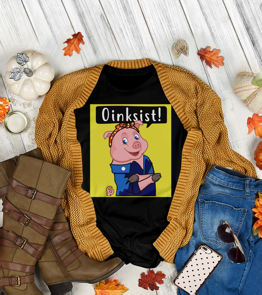 Oinksist Pig Resist Rosie the Riveter Inspired Pig in Blue Jumpsuit with Red Polka Dot Bandana T-Shirt