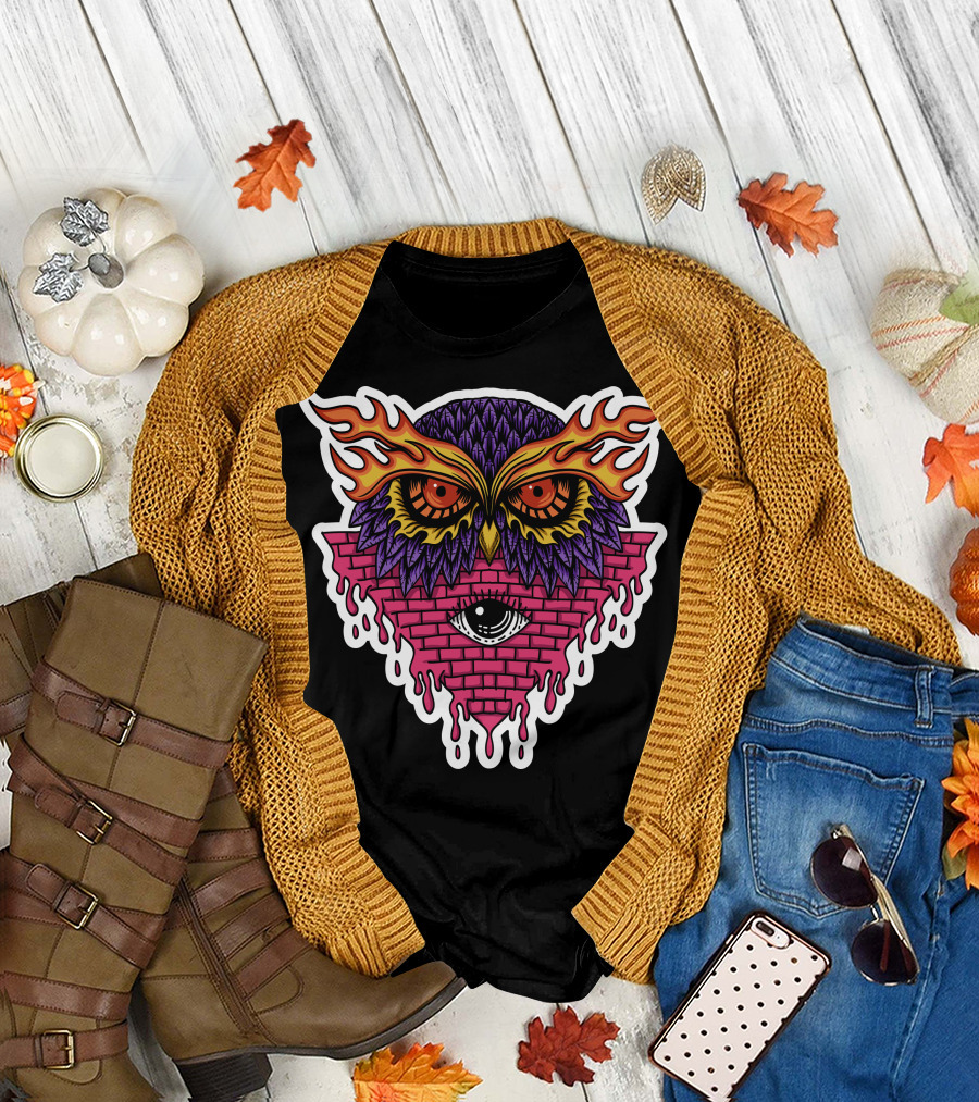 Owl Eyes Flaming Feathers Cosmic Brick Pyramid T-Shirt